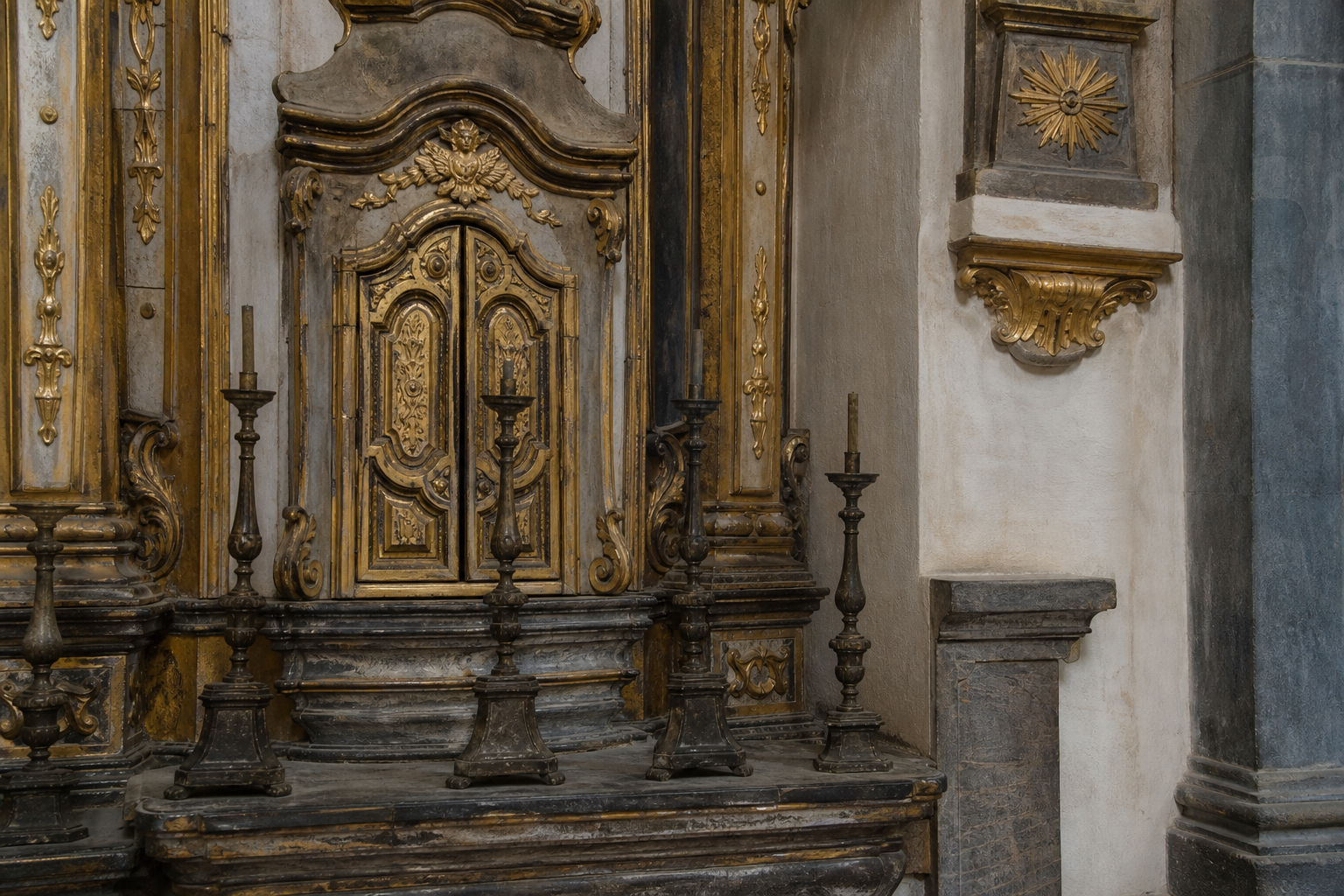 Detalhe de talha dourada e pedra em interior de igreja histórica.