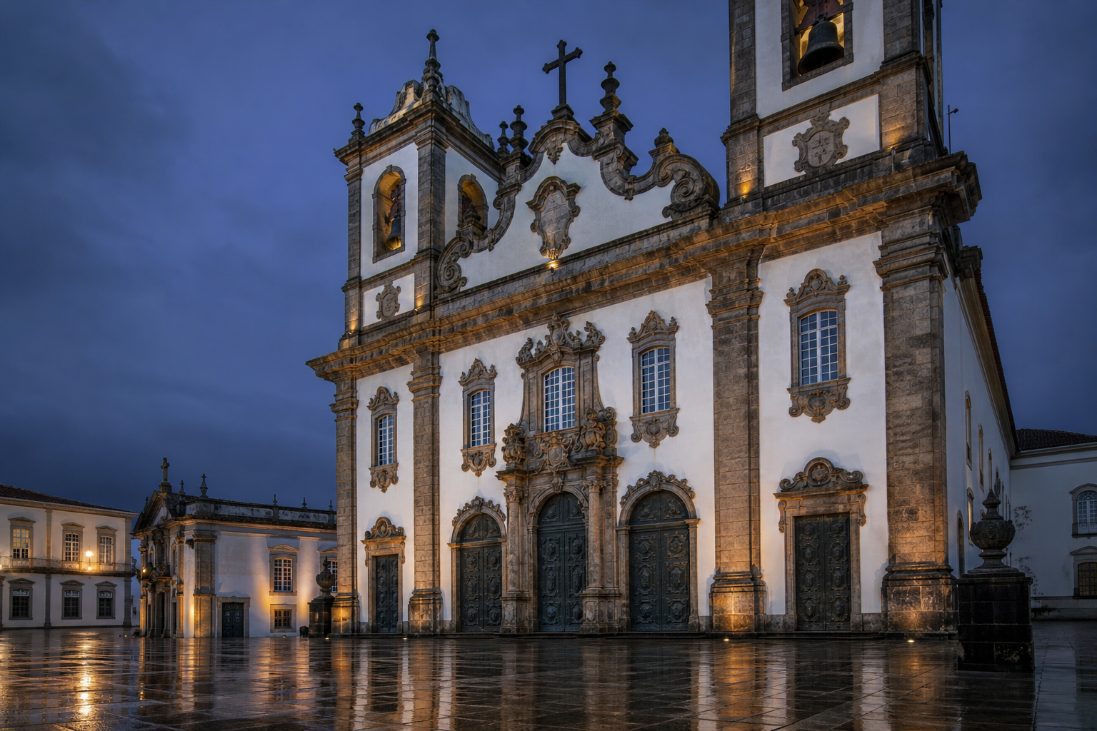 Fachada de catedral histórica em luz azul do entardecer, com portas em bronze e praça vazia.