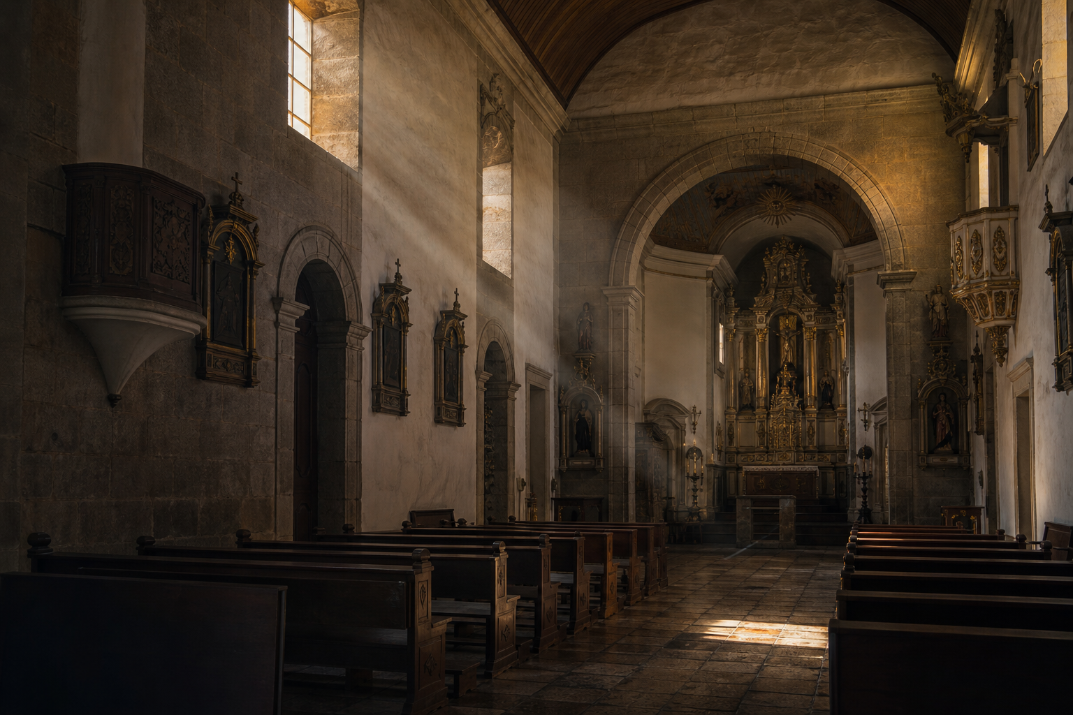 Interior de igreja histórica com nave em pedra, madeira e luz suave.
